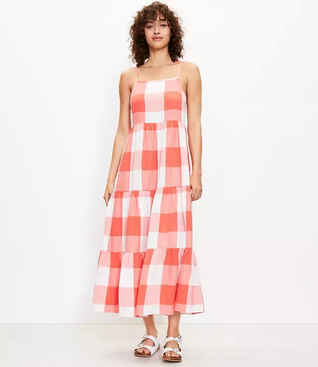 Lou & Grey Gingham Puckered Midi Dress | LOFT