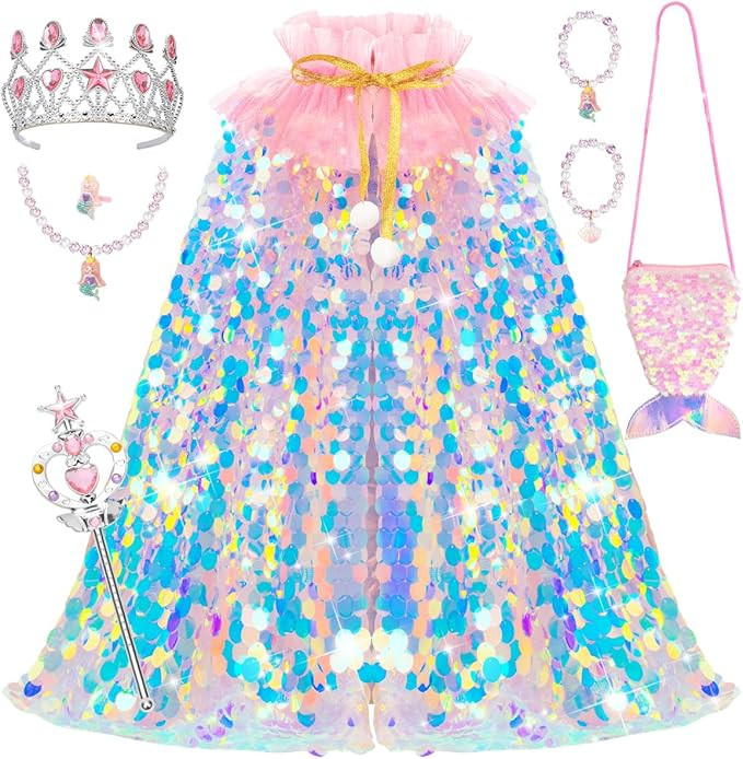 Meland Princess Dress Up for Girls 3-8, 11Pcs Mermaid Cape with Crown, Dress Up Clothes Birthday ... | Amazon (US)