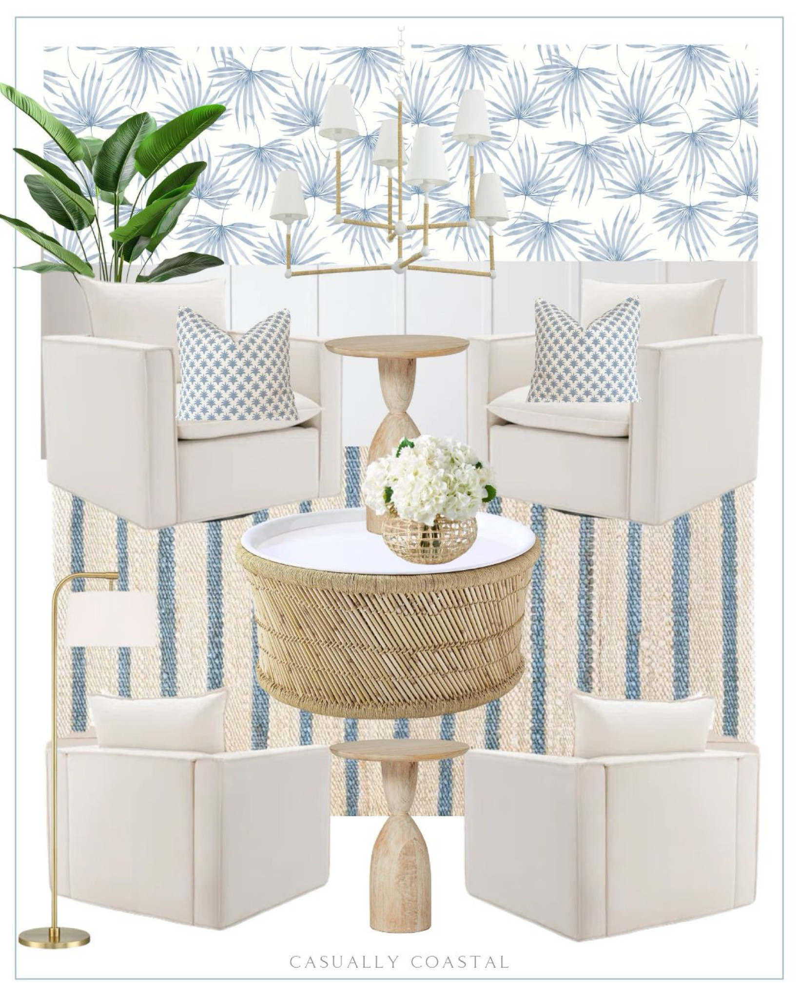 A coastal-inspired space designed for relaxation and good conversation! Several items are currently on sale including the chairs, rug, chandelier, coffee table, vase and hydrangeas!  
- 
Coastal home decor, coastal sitting room, neutral home, coastal style, beach home, beach house decor, neutral home decor, artificial banana tree, faux palm tree, coastal pillow cover, coastal pillows, statement chandelier, coastal chandelier, round pedestal side table, light wood side tables, living room furniture, coastal side tables, beach house ideas, beach house furniture, 16” side table, coastal side table, striped rug, coastal rugs, accent rug, living room rug, woven rugs, natural rugs, 9x12 rugs, 10x13 rugs, 8x10 rugs, arc floor lamp, gold floor lamp, coastal floor lamp, living room lighting, palm print wallpaper, coastal coffee table, Serena & Lily coffee table, coffee table with storage, woven coffee table, neutral coffee table, round coffee tables, upholstered swivel armchair, living room chairs, coastal vase, faux hydrangeas, Amazon hydrangeas, white hydrangeas, summer florals, coffee table decor, summer home decor, rugs on sale, keeping room, conversation area, formal living room ideas, Amazon palm tree, banana tree, bird of paradise, Amazon home decor swivel chairs, Amazon rugs, Amazon wallpaper, cane vases 

#LTKFindsUnder100 #LTKSaleAlert #LTKHome