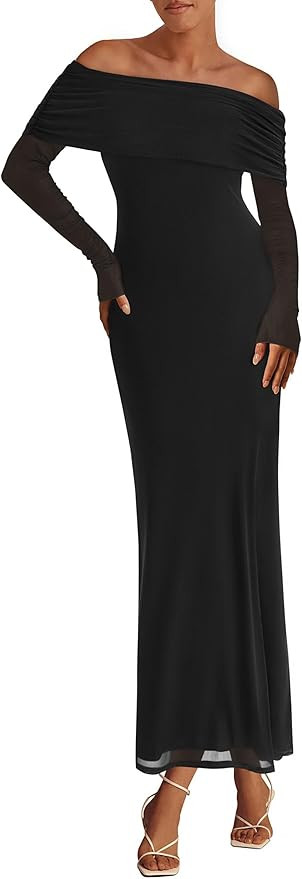PRETTYGARDEN Women's Off The Shoulder Bodycon Maxi Dress Long Sleeve Mesh Elegant Party Formal We... | Amazon (US)