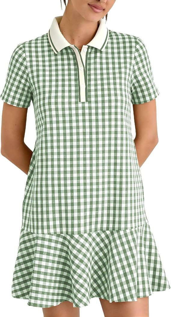 LTSCNRM Women's Gingham Polo Dress Short Sleeve V Neck Ruffle Hem Mini Dress Plaid Golf Tennis Ca... | Amazon (US)
