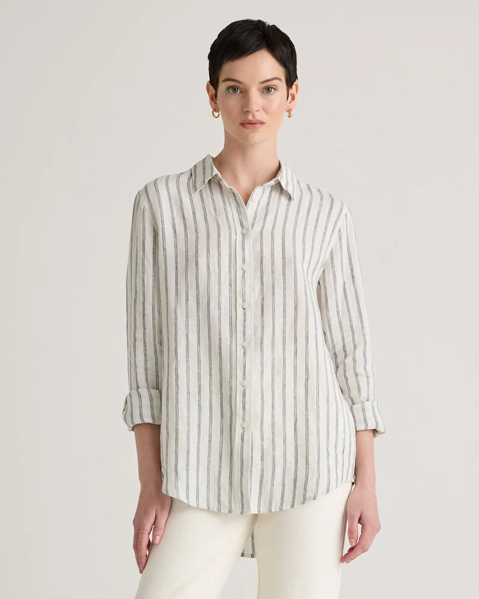 100% European Linen Long Sleeve Shirt in Oatmeal / Black Stripe | Quince