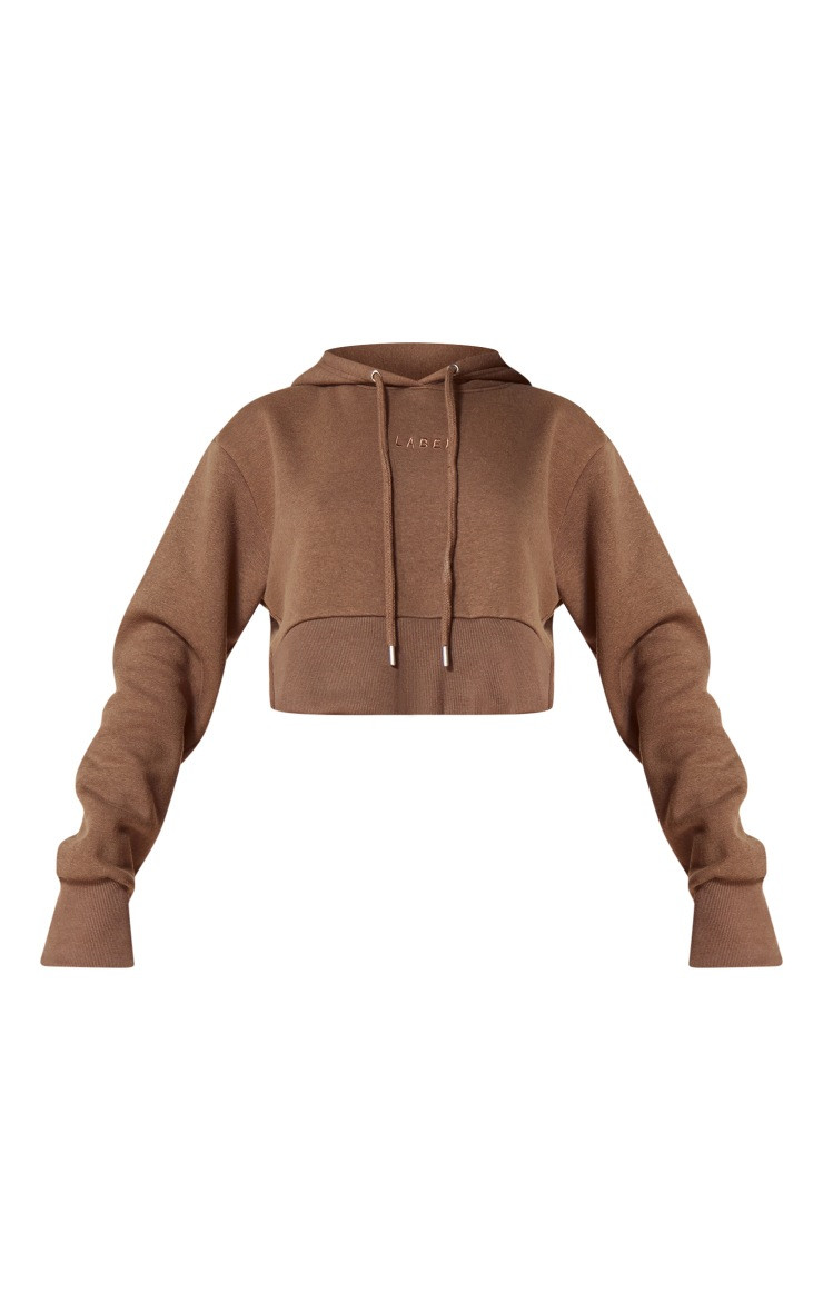 PLT Label Taupe Cropped Hoodie | PrettyLittleThing US
