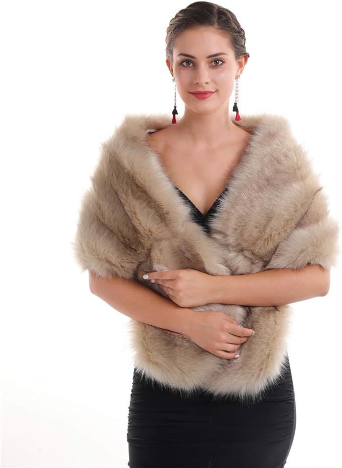 Lucky Leaf Women Luxurious Large Winter Faux Fur Scarf Wrap Collar Shrug for Lady Poncho Wedding ... | Amazon (US)
