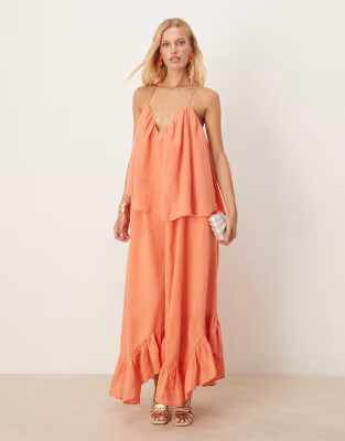 ASOS DESIGN – Doppellagiges, voluminöses Maxikleid in Koralle mit Herzausschnitt und Schößch... | ASOS (Global)