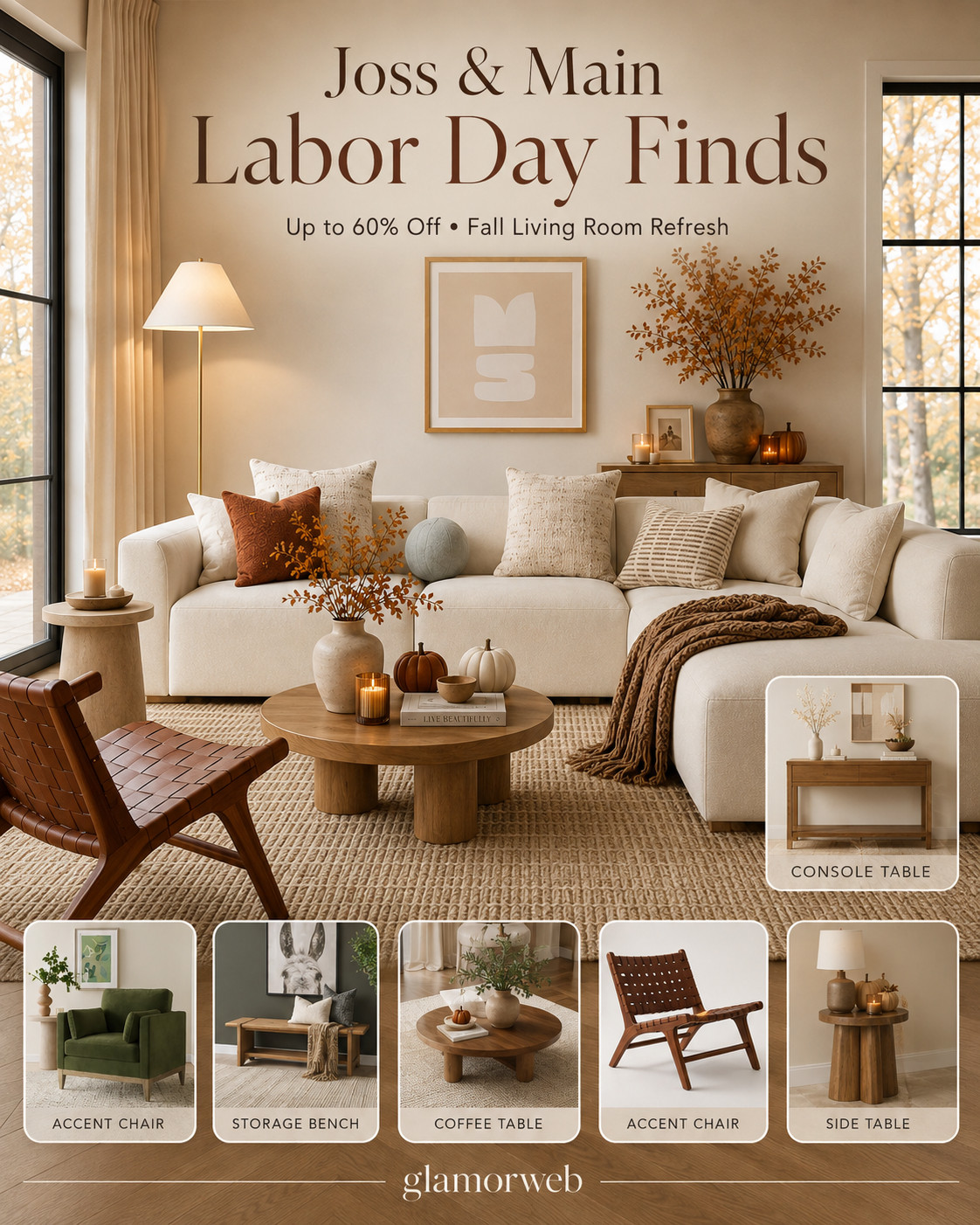 So obsessed with these Joss & Main Labor Day finds 🤎 If you’ve been wanting to give your living room a cozy fall refresh, this sale is such a good time to do it. So many beautiful sofas, sectionals, coffee tables, storage benches, console tables, accent chairs, side tables + more are up to 60% off right now. I’m loving all the warm wood tones, soft textures, and elevated neutral pieces that make a space feel so cozy for fall 🍂✨

#JossAndMain #JossAndMainFinds #LaborDaySale #LaborDayDeals #LivingRoomFinds #LivingRoomFurniture #FallLivingRoom #FallLivingRoomRefresh #FallHomeDecor #CozyLivingRoom #SofaFinds #SectionalFinds #CoffeeTableFinds #StorageBench #ConsoleTable #AccentChair #SideTable #HomeDecorFinds #FurnitureSale #CozyHome #NeutralHomeDecor #ModernHomeDecor #FallHomeRefresh #HomeInspo #LTKHome #LTKFinds #Glamorweb 

 #LTKSeasonal #LTKHome #LTKSaleAlert