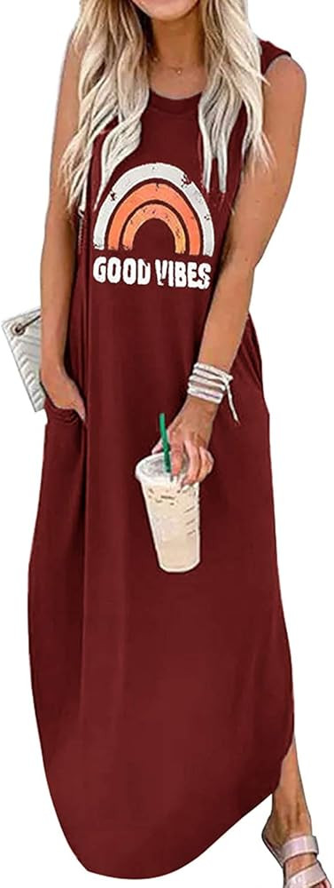 SENSERISE Womens Good Vibes Rainbow Sleeveless Maxi Dress Summer Casual Tank Dresses with Pockets | Amazon (US)