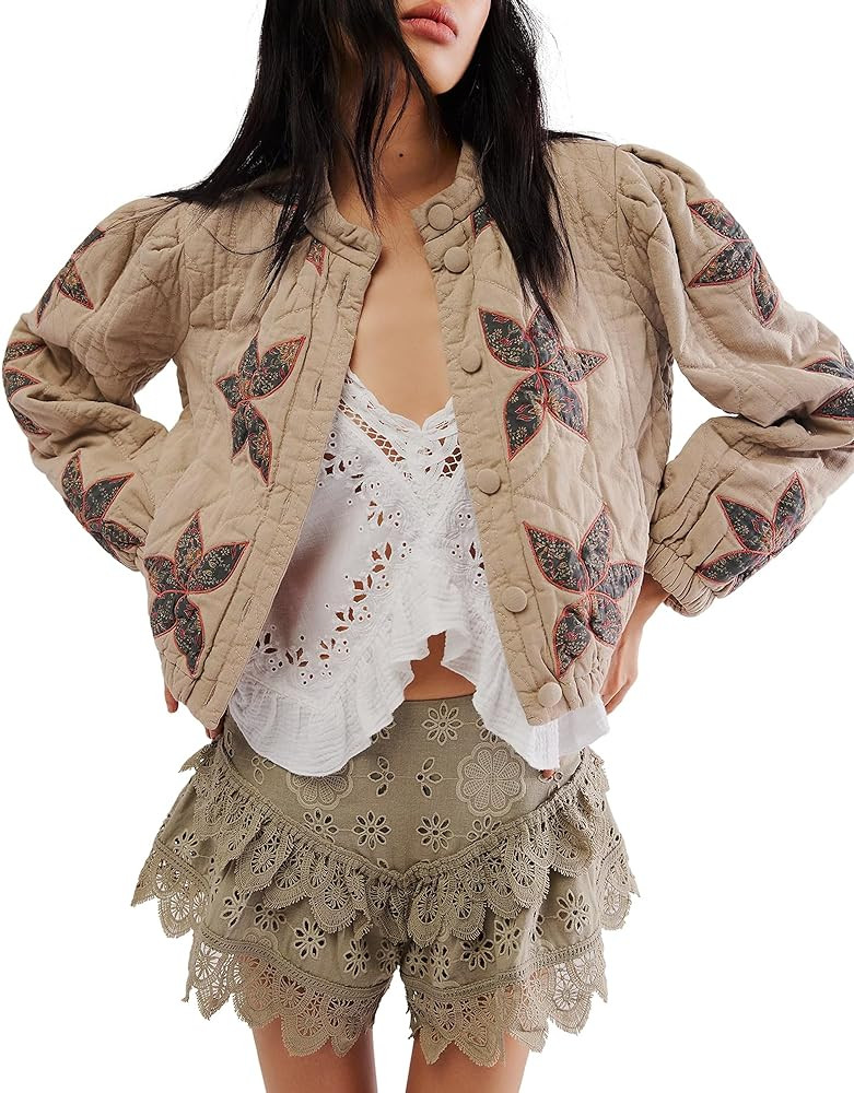 Gacaky Women's Lightweight Floral Embroidered Cropped Quilted Jacket Winter Warm Button Down Puff... | Amazon (US)