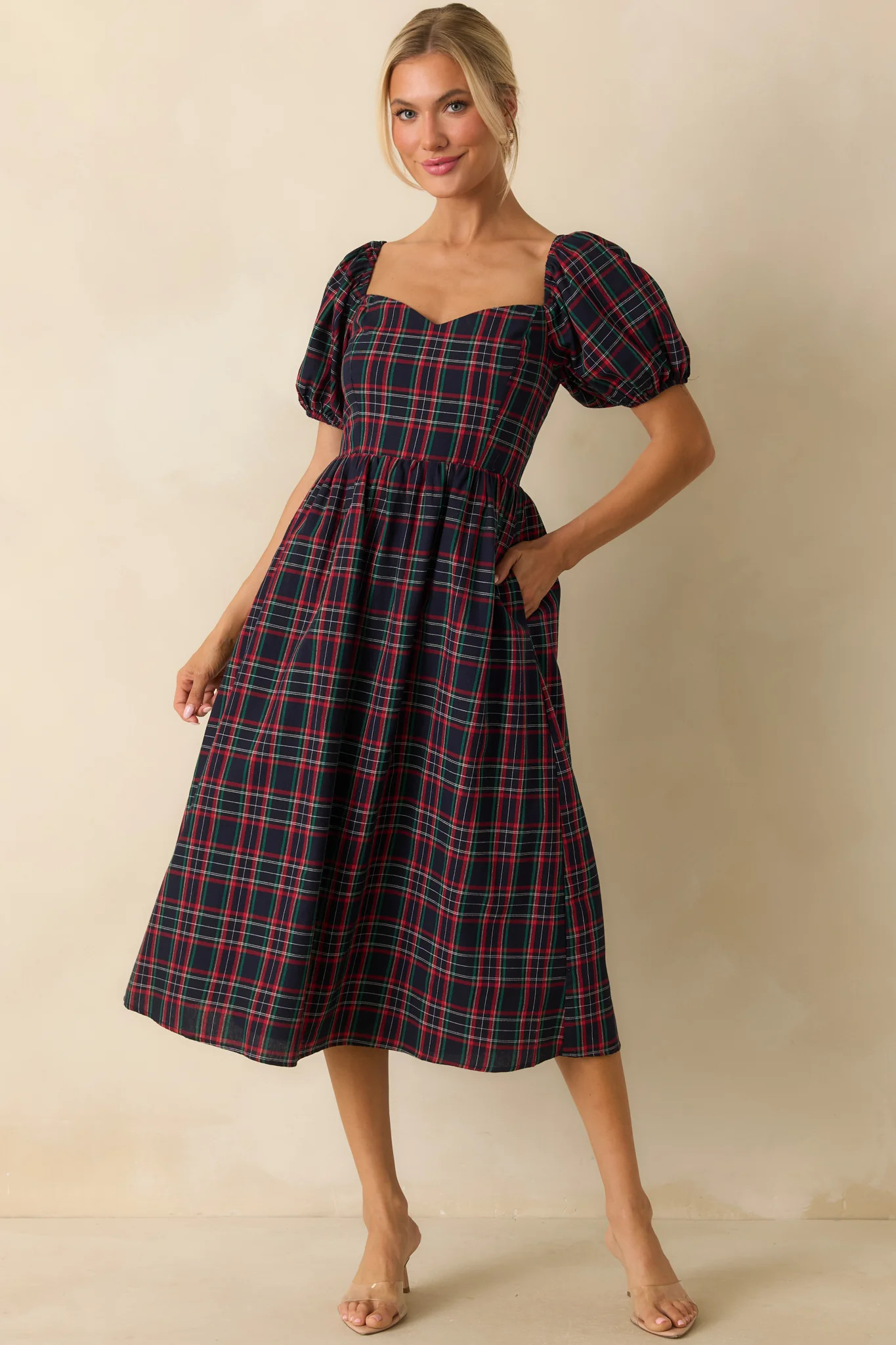 Always You Cotton Navy Plaid Puff Sleeve Midi Dress | Red Dress