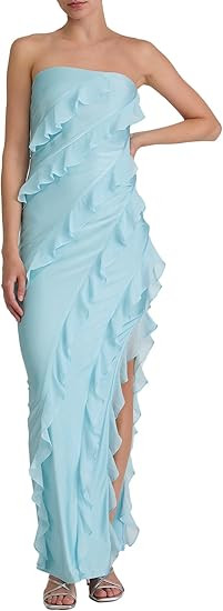 Lulus Freya Strapless Ruffle Maxi Dress Mesh Asymmetrical Ruffled Trim Side Slit Hidden No-Slip S... | Amazon (US)