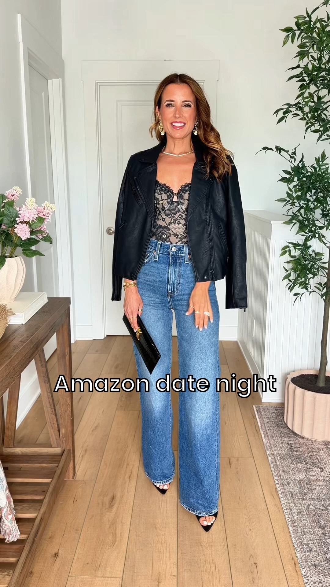 Amazon date night outfits. Amazon concert outfits. Amazon girls night out outfits. Amazon party outfit. Tummy control lace bodysuits with underwire and adjustable straps in XS. Cheeky coverage in the back and not a thong! Wide leg jeans in size 24, color is polar perimeter. These run long on me and I need a heel (usually wear them for date night for this reason). XS in moto jacket. Heels are TTS. YSL envelope clutch.

#LTKgrwm #LTKootd #LTKPetite