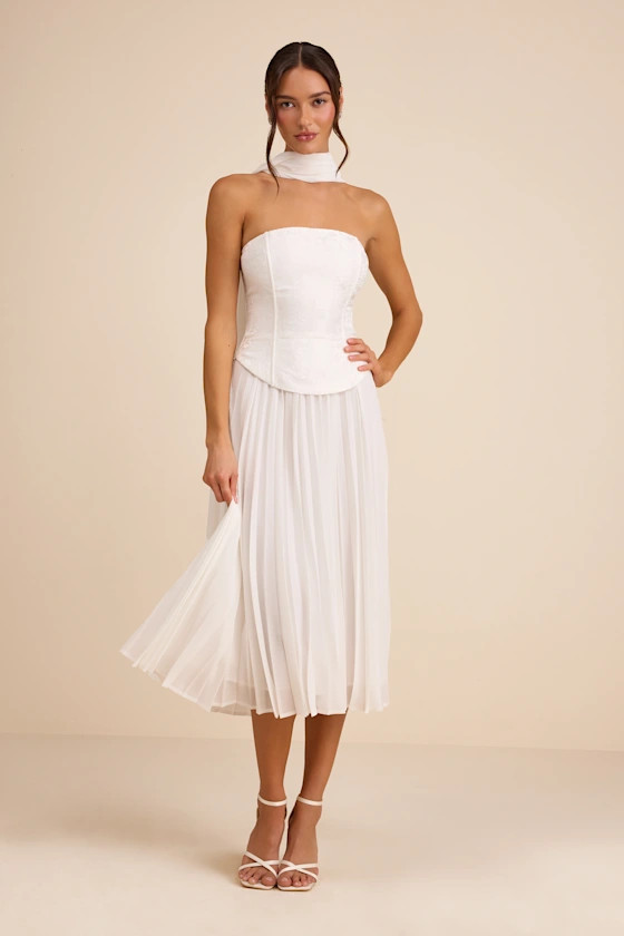 Laubrey White Floral Jacquard Midi Dress and Scarf Set | white formal dress  | Lulus