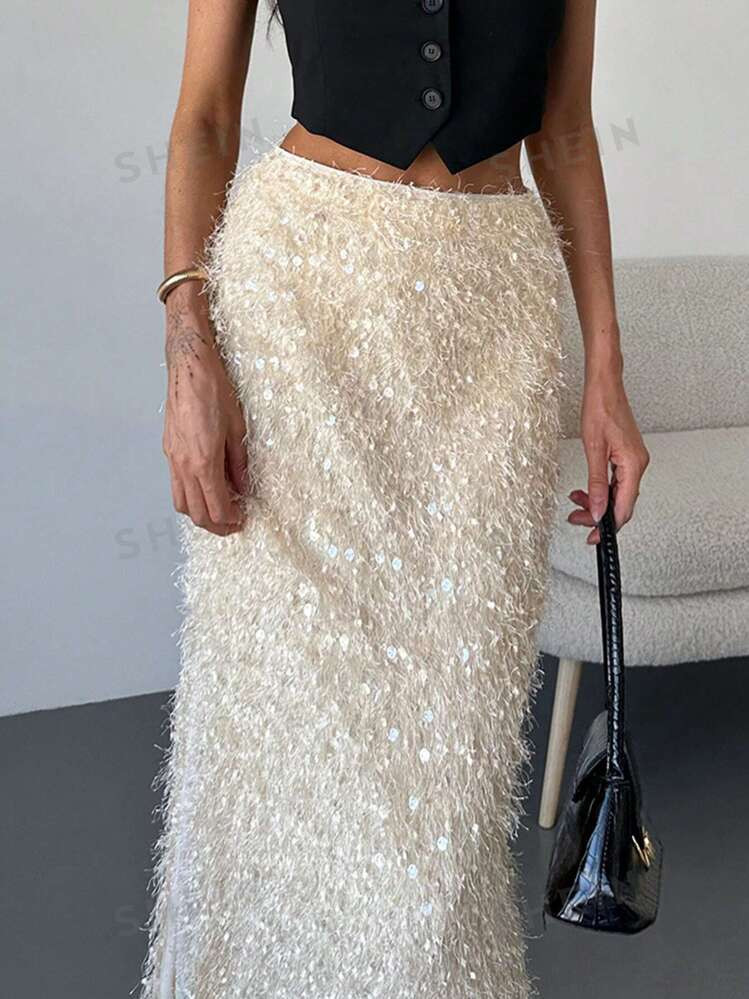 Aloruh Elegant Furry Low Waist Long Straight Skirt Suitable For Going Out, Birthday Party, Date, ... | SHEIN