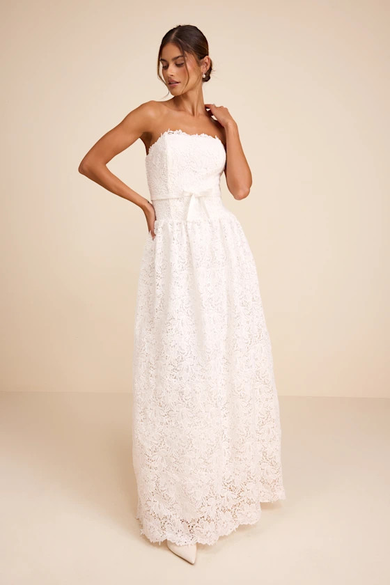 Gabby White Crochet Lace Strapless Maxi Dress | white prom dress | lulus dress  | Lulus