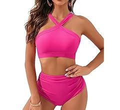Santulu Women's Two Piece Bathing Suit Halter Neck Swim Top with High Waisted Tummy Control Bikin... | Amazon (CA)