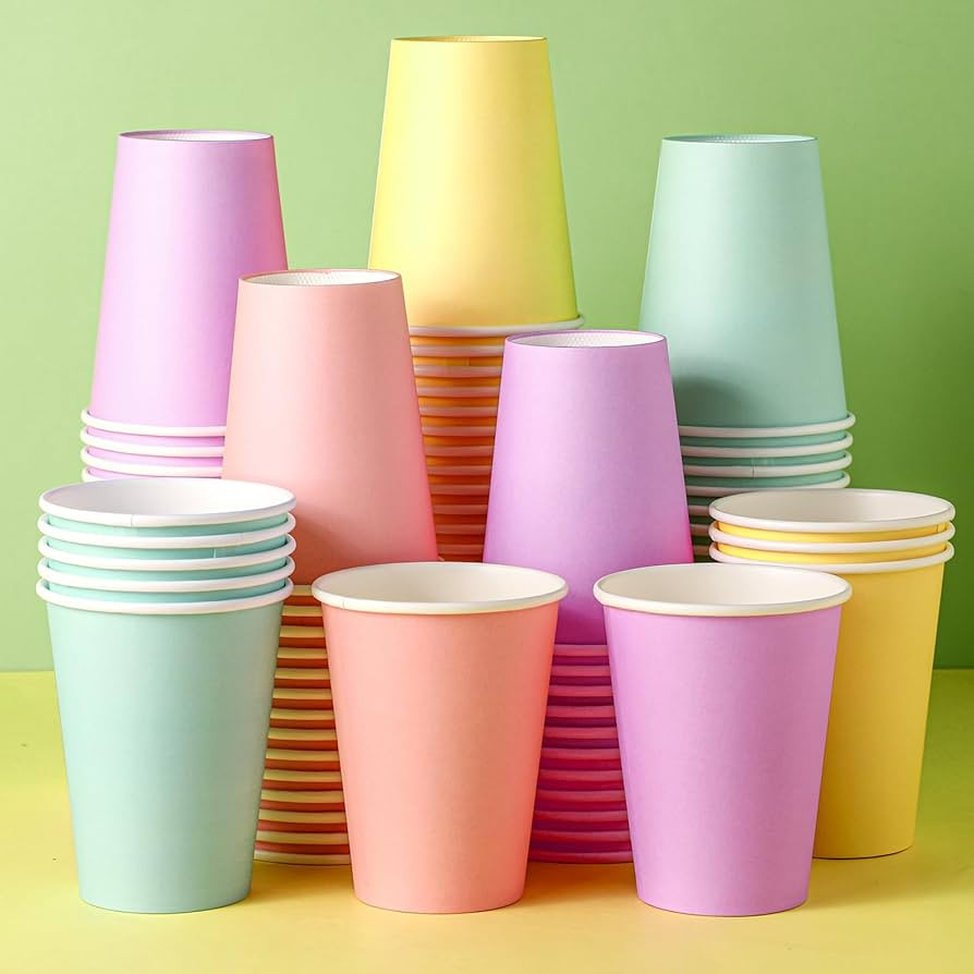 Funtery 100 Pcs Paper Cups Designed Hot Cocoa Pastel Cup Family Party Supplies Disposable Bottle for Hot Cold Drinks Coffee Easter Holidays Celebration(Bright Color,12 oz) | Amazon (US)
