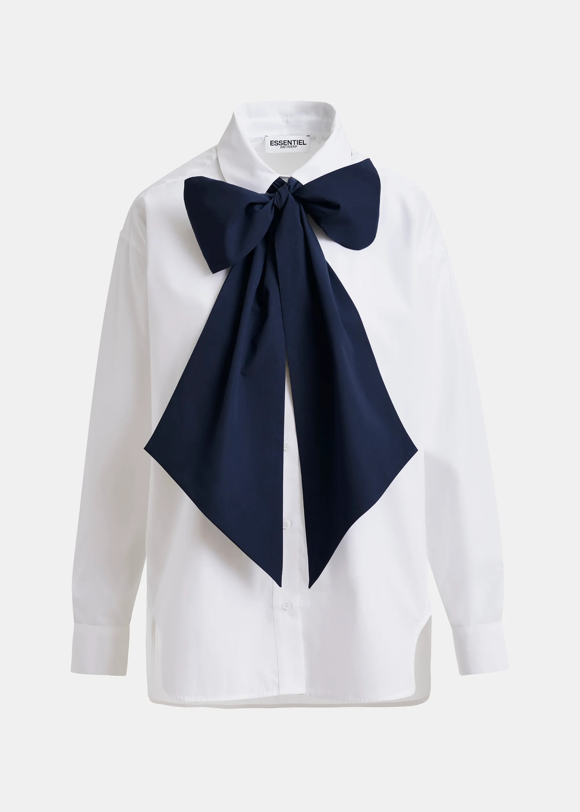 White and navy cotton shirt with removable bow tie | Essentiel Antwerp United Kingdom | Essentiel Antwerp