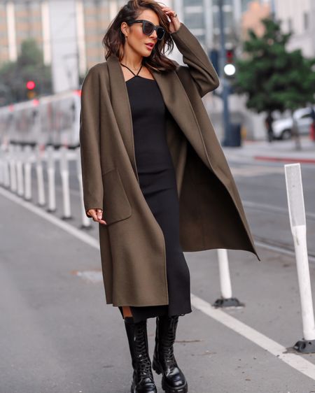 Knit dress with combat boots and chic coat are my favorite winter combo! This is an older coat but olive coatigan is similar! Linking more knit dresses I’m loving! 

#LTKover40 #LTKSeasonal