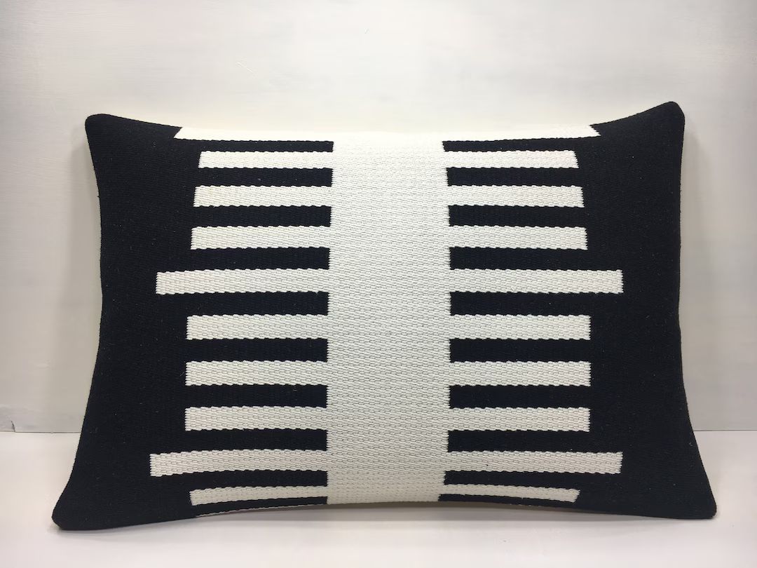 Striped Pillow, 16x24 Turkish Kilim Pillow, White And Black Pillow, Handwoven Couch Pillow, Decor... | Etsy (US)