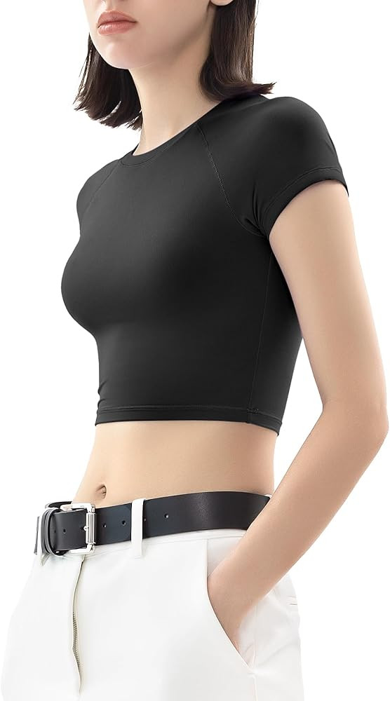 PUMIEY Women's Short Sleeve Crop Tops Crew Neck T Shirt Sexy Tee Smoke Cloud Collection | Amazon (US)