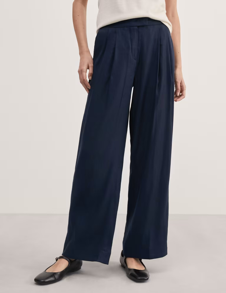 Linen Blend Pleat Front Wide Leg Trousers | Marks & Spencer (UK)