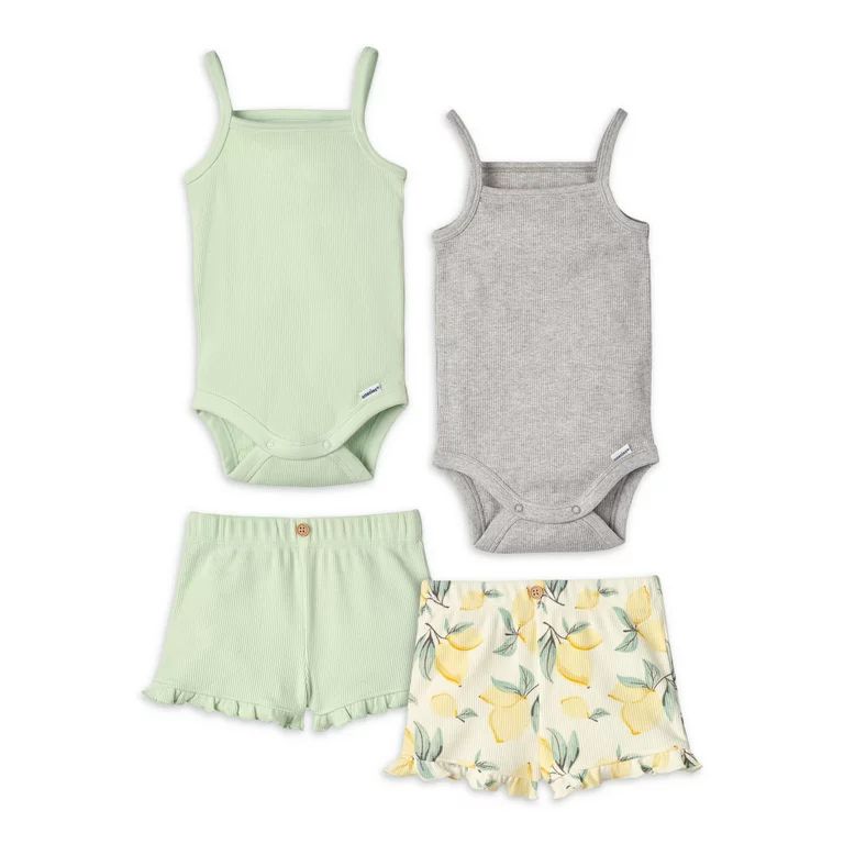 Modern Moments by Gerber Baby Girl Ribbed Bodysuits and Shorts Outfit Sets, 4-Piece, 0/3 -24 Mont... | Walmart (US)