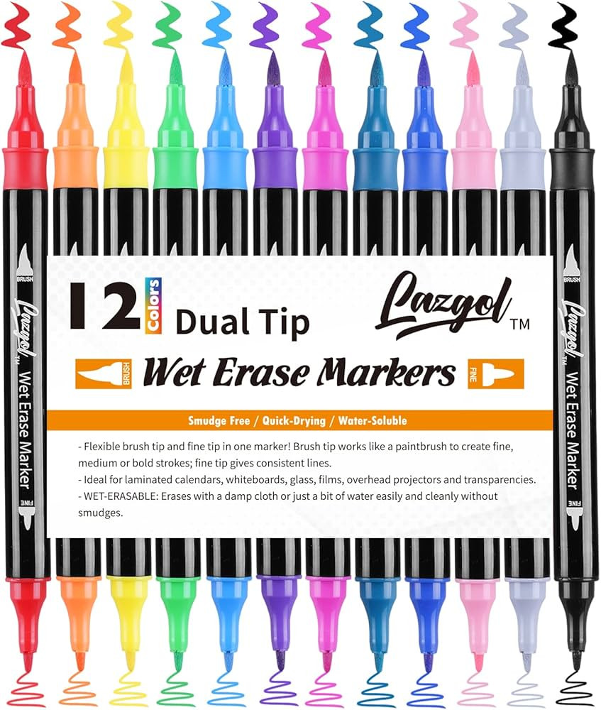 Wet Erase Markers Dual Tip, Lazgol 12 Assorted Colors, Dual Tip Brush & Fine Overhead Transparenc... | Amazon (US)