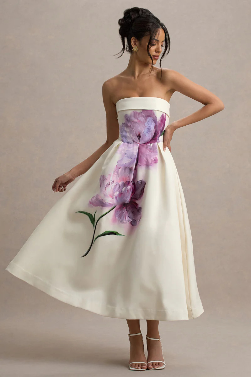 Annalise  Peony Floral Print Bandeau Skater Midi Dress | Club L London