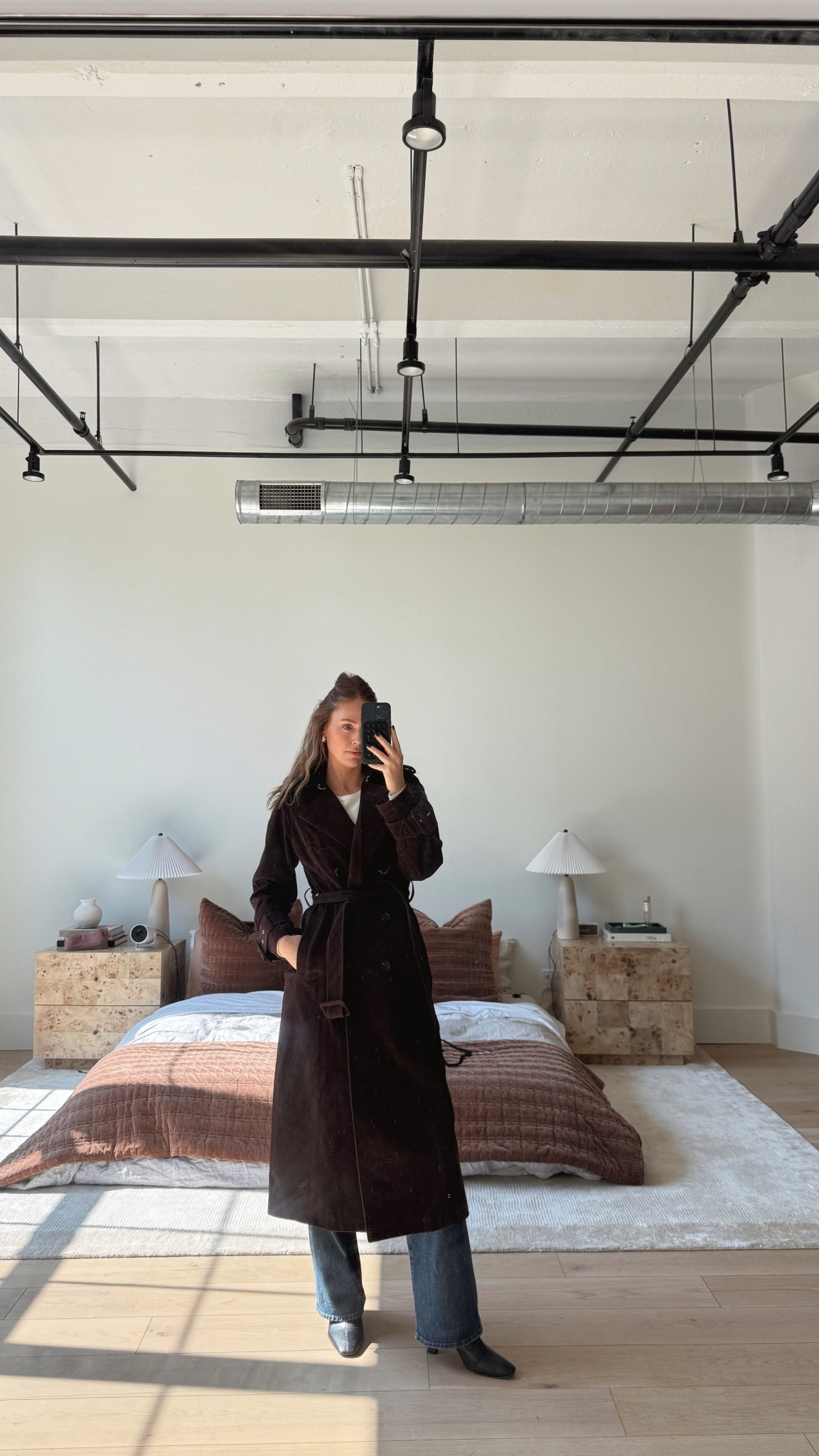 Suede coat - wearing a size small. Also these are my fav jeans and boots! 