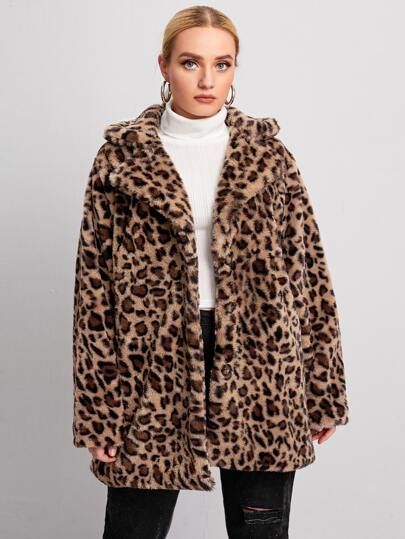Plus Teddy Leopard Pattern Open Front Coat | SHEIN
