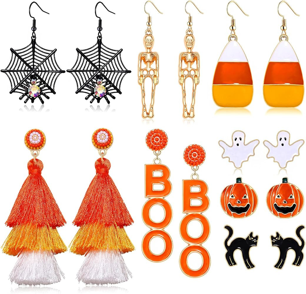 Halloween Earrings Set, Spider Web Pumpkin Ghost Bat Drop Earring Studs for Women Halloween Jewel... | Amazon (US)