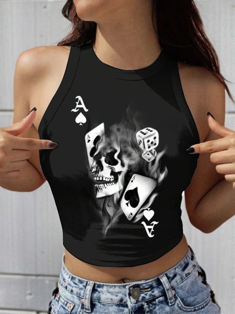 SHEIN EZwear Casual Simple Skull & Playing Card Graphic Crew Neck Form-Fitting Women Camisole, Su... | SHEIN