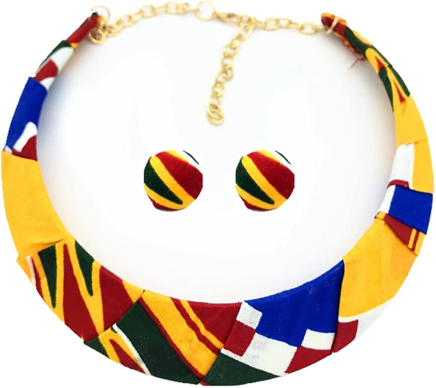 deladola Boho Choker Necklace Earrings Set Red Ankara Print Bib Necklace African Statement Collar... | Amazon (US)