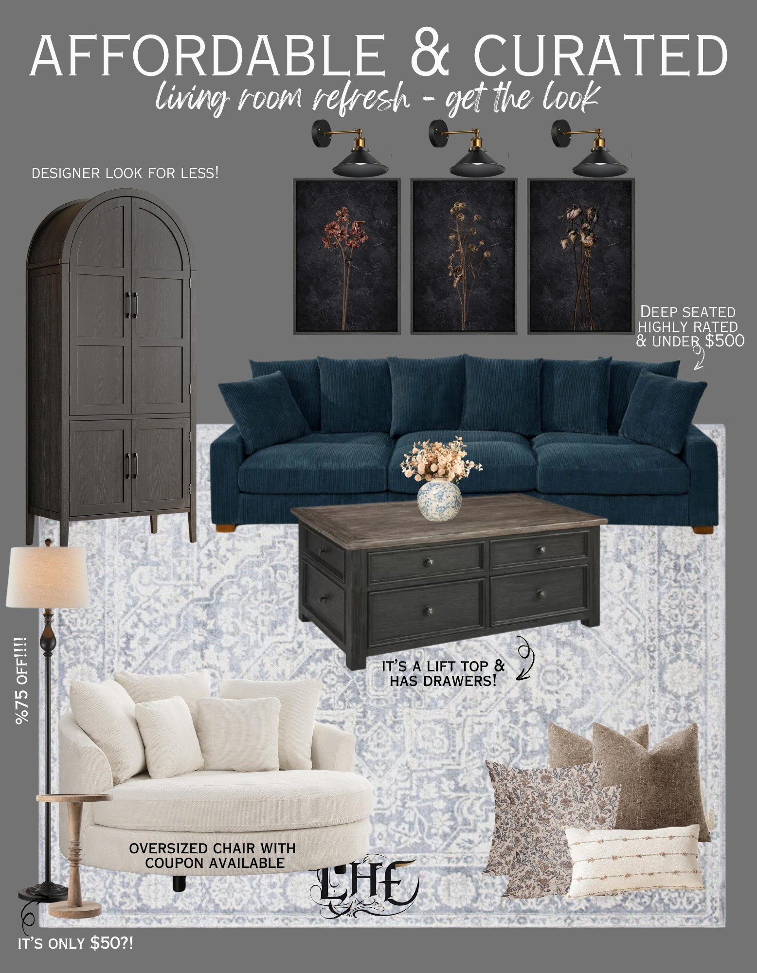 Affordable living room refresh! Most of these finds are also currently on sale! Shop by clicking the thumbnails below 👇 Living room refresh, living room inspo, living room, affordable living room furniture,  furniture, furniture sale, modern farmhouse living room, moody living room, farmhouse living room, living room decor, living room rug, living room furniture, deep seated couch, affordable couch, wall art, moody wall art, floor lamp, storage cabinet, cabinet, display cabinet, coffee table, lift top coffee table, pillow combinations, spring pillows, oversized swivel chair, barrel swivel chair, farmhouse rug, vase, spring faux florals, accent table, farmhouse coffee table, couch

#LTKHome #LTKSaleAlert #LTKStyleTip