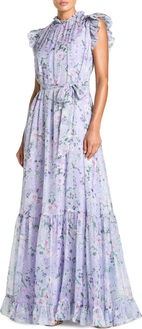 Belted Floral Chiffon Ruffle Sleeve Gown | Nordstrom