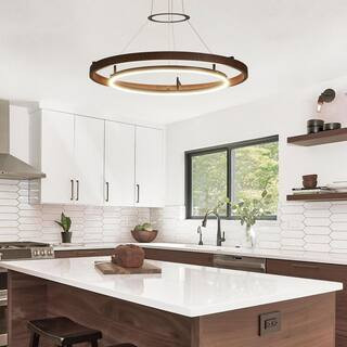32 in. Modern 1-Light Wood and Black Circle Dimmable Integrated LED Chandeliers for Dining Room Kitchen Island | The Home Depot