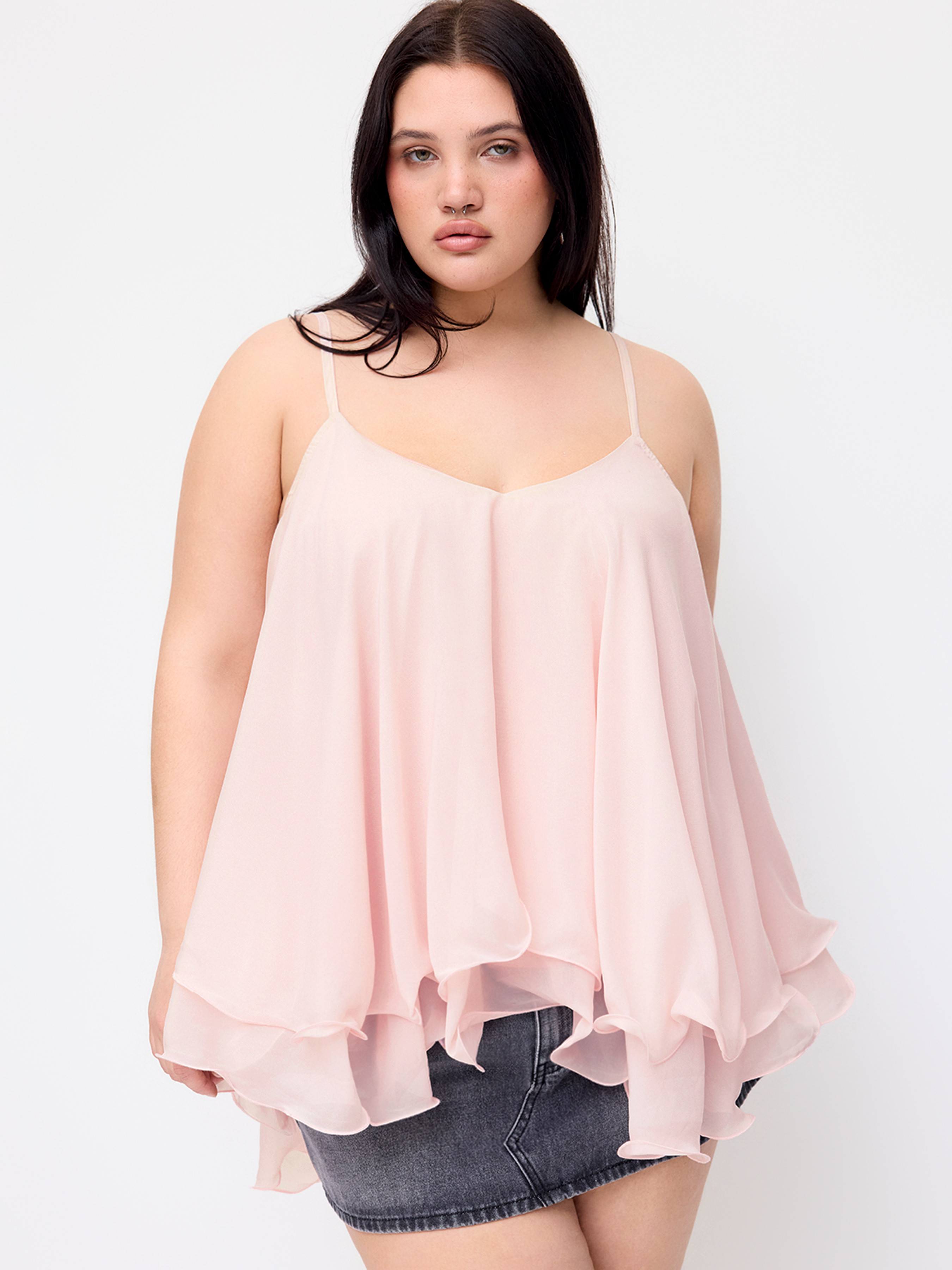 Chiffon Chiffon Ruffle Hem Knotted Layered Mesh Cami Top Curve & Plus For Date | Cider