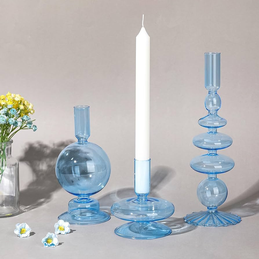 Rtteri 3 Pcs Glass Candlestick Holders Glass Taper Candle Holders Groovy Wavy Elegant Candle Stic... | Amazon (US)