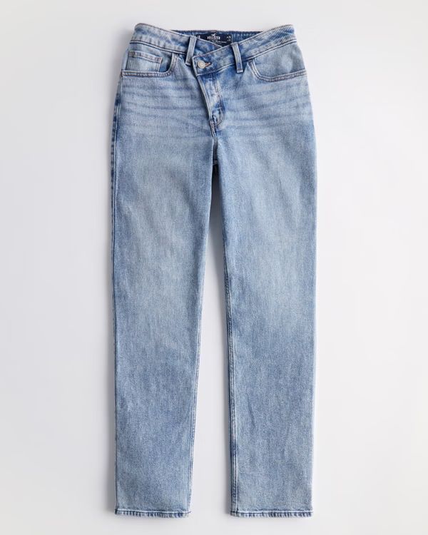 Women's Ultra High-Rise Crossover Waist Medium Wash Straight Jeans | Women's Bottoms | HollisterC... | Hollister (US)