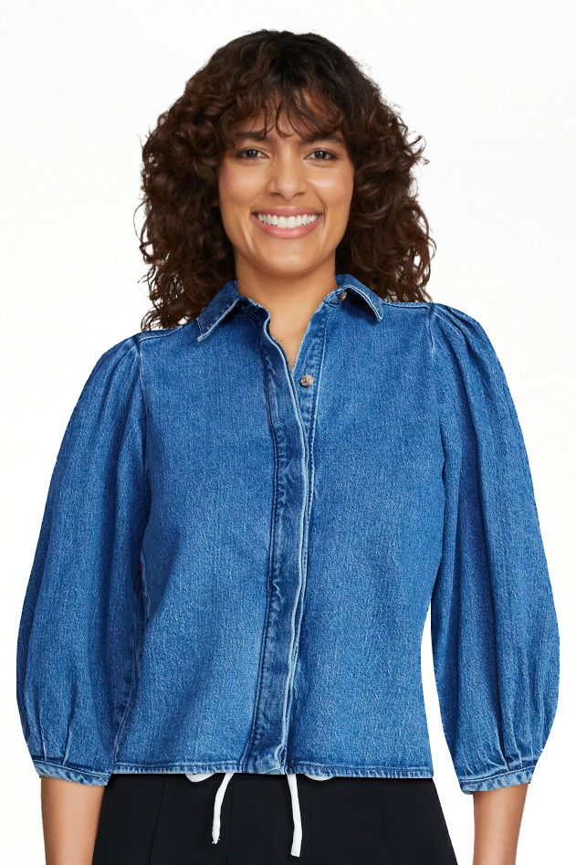 Scoop Women’s Denim Shirt with 3/4 Length Puff Sleeves, Sizes XS-XXL | Walmart (US)