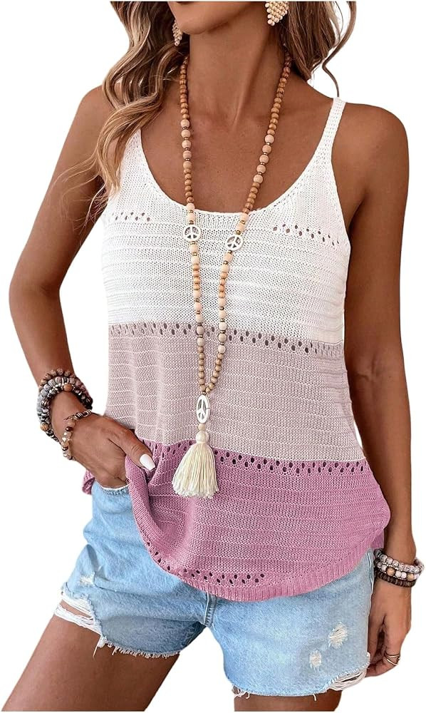 SOLY HUX Women's Color Block Crochet Spaghetti Strap Hollow Out Cami Tops     Scoop Neck, Knit, S... | Amazon (US)