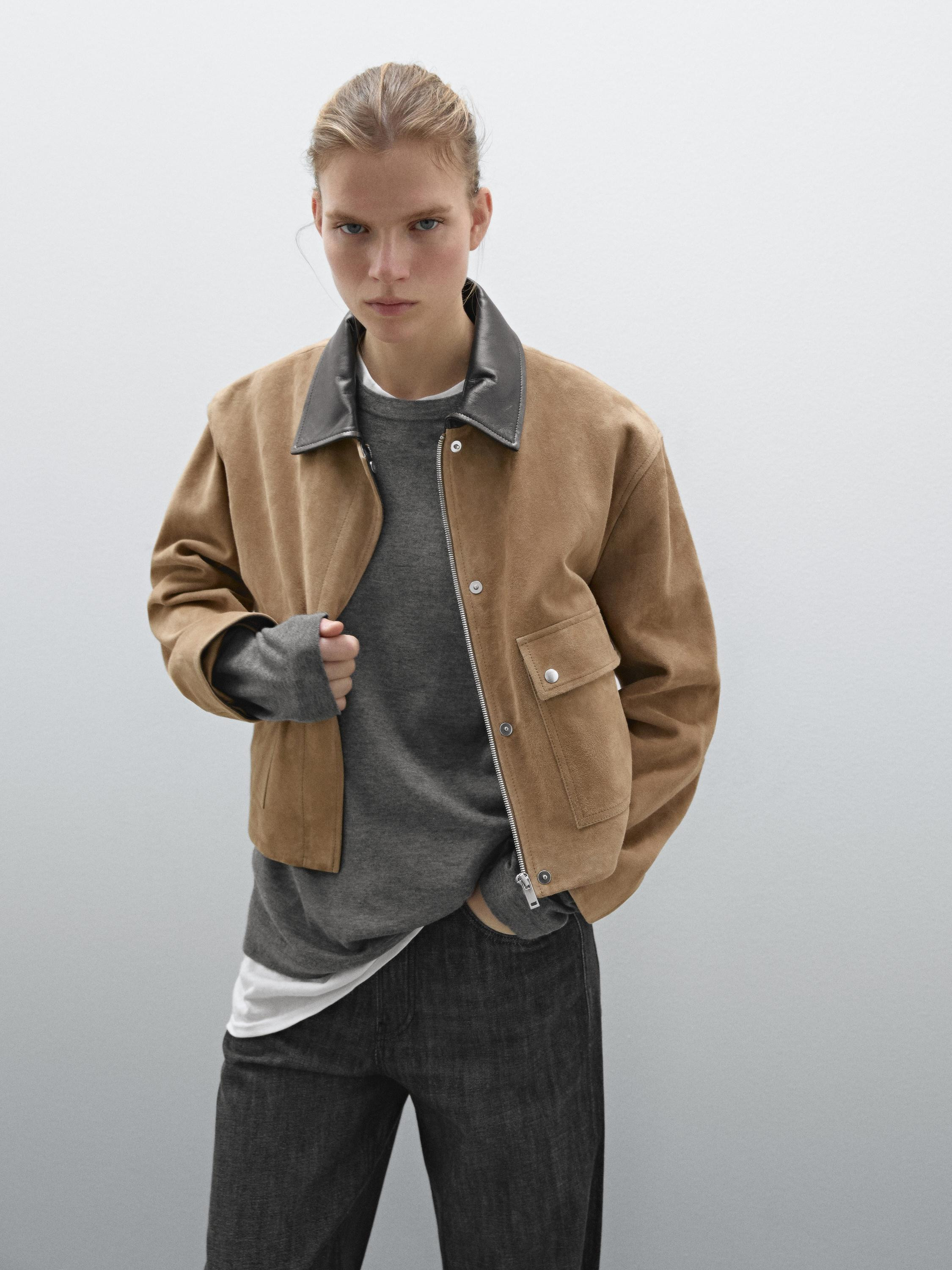 Kombinierte Jacke aus Leder und Wildleder | Massimo Dutti DE