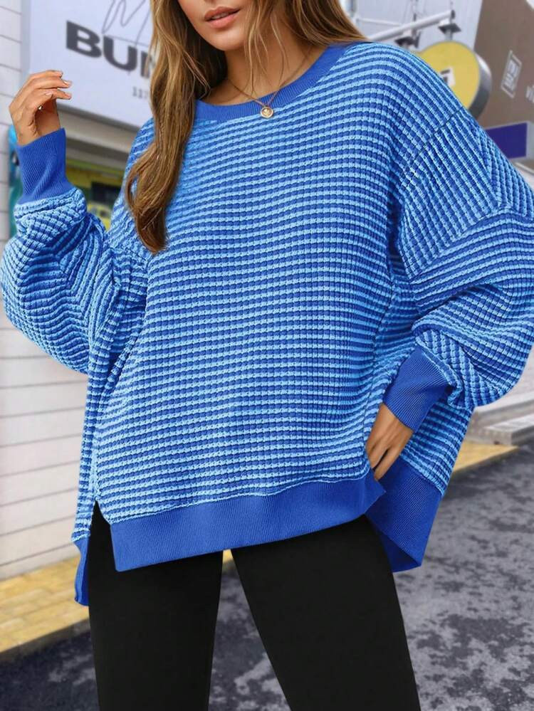 Women's Fall Oversized Outdoor Sweatshirt – Casual Waffle Knit Long Sleeve Crewneck Split Pullo... | SHEIN
