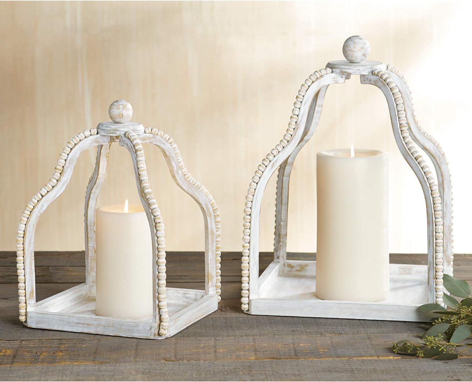 Mud Pie Wood Beaded Lantern Set, Distressed White WASH | Amazon (US)