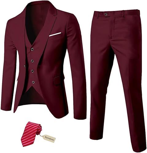 MY'S Men's 3 Piece Slim Fit Suit Set, One Button Solid Jacket Vest Pants with Tie | Amazon (US)
