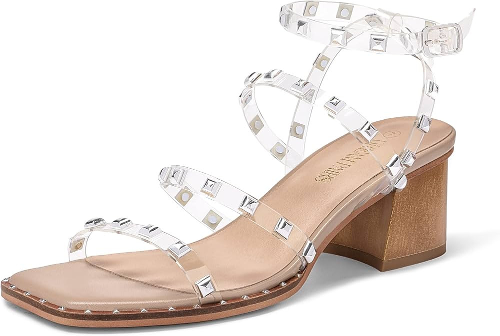 DREAM PAIRS Clear Studded Rhinestone Heels for Women Sexy Chunky Block Square Toe Heels Wedding Shoe | Amazon (US)