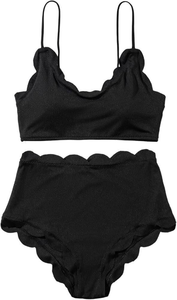 TSWRK Spaghetti Strap Cross Back Scalloped High Waisted Swimsuits for Women Tankini Sets Tummy Co... | Amazon (US)