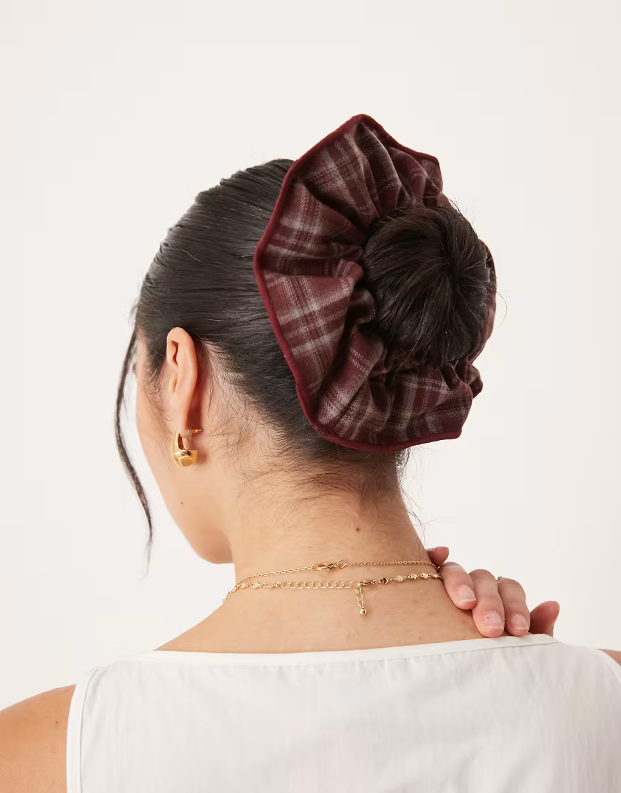 ASOS DESIGN scrunchie in red tartan check with stitching edge detail | ASOS (Global)