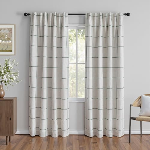 MYSKY HOME 100% Blackout Plaid Farmhouse Linen Curtains 84 Inch Long 2 Panels Set for Living Room Double Layer Checkered Drapes Thermal Insulated Privacy Protection Rod Pocket Back Tab, 52" W, Green | Amazon (US)