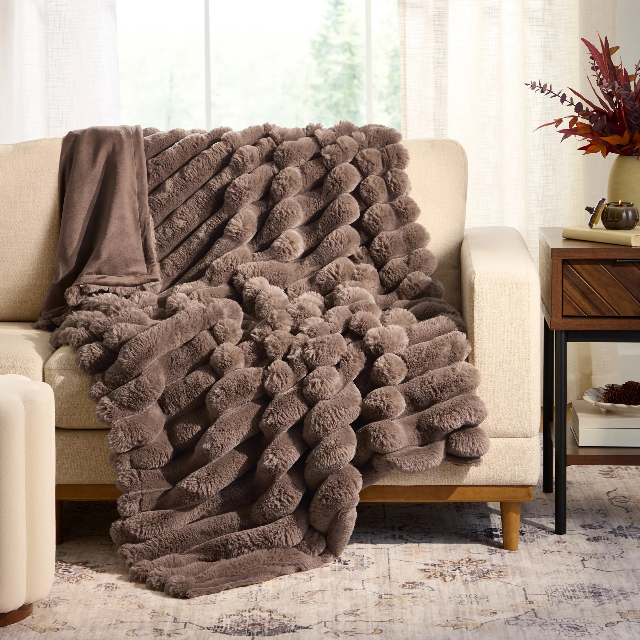 Better Homes & Gardens Brown Basket Exaggerated Channel Faux Fur Oversized Throw, 50" x 72" | Walmart (US)